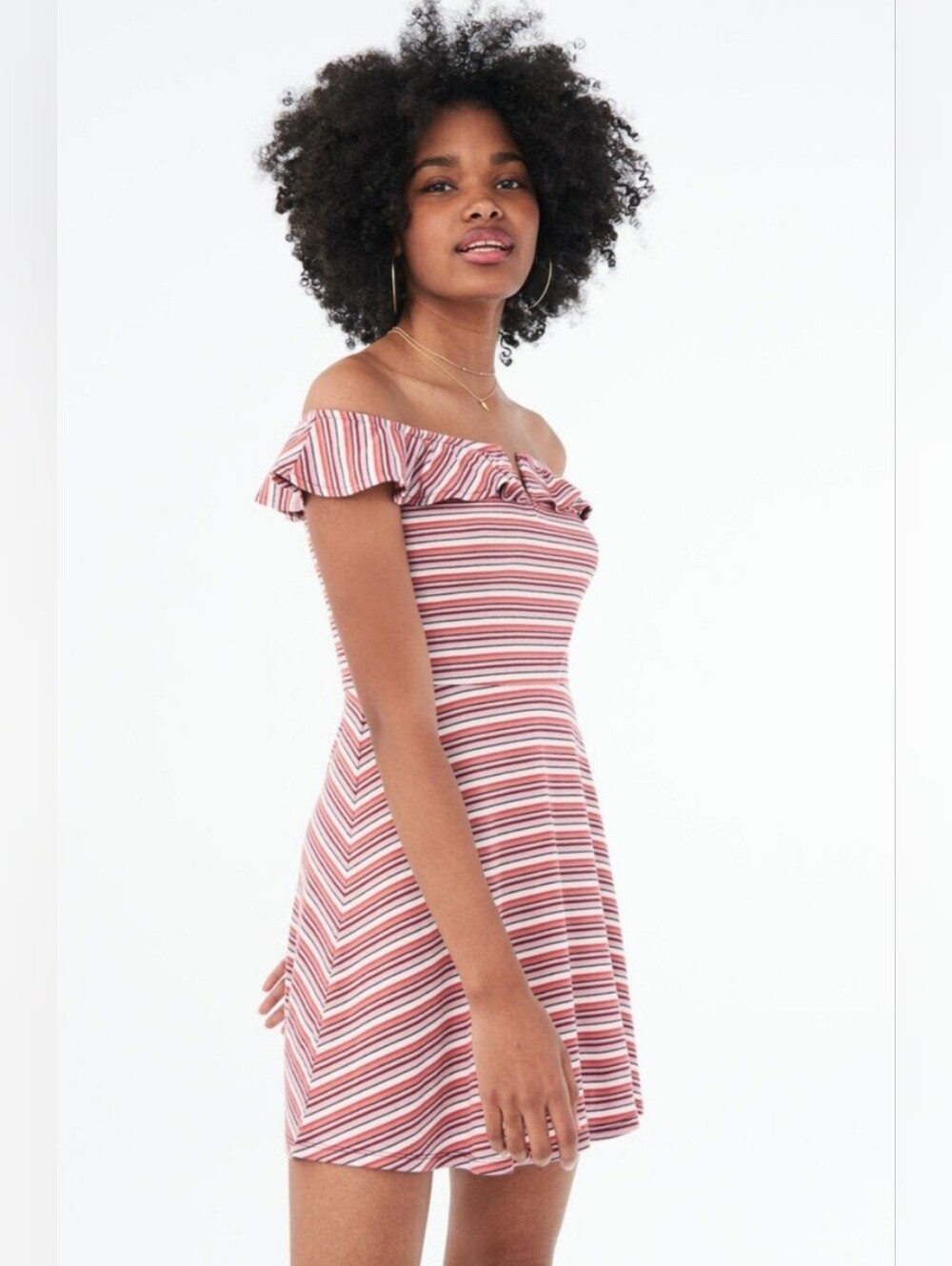 Aeropostale Pink Striped Ruffle Off-Shoulder Casual Dress